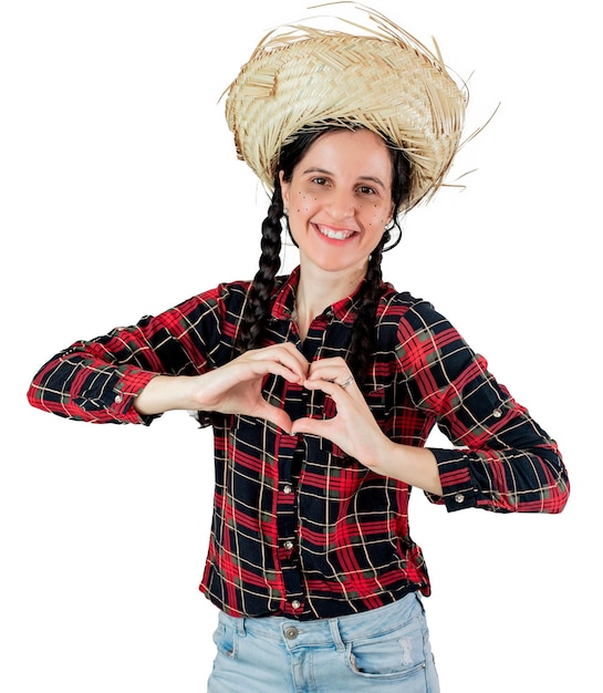 A woman wearing a plaid shirt with the word love on it