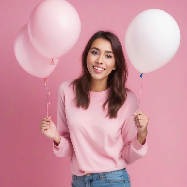 woman wearing plain clothes and holding balloons on a pink background