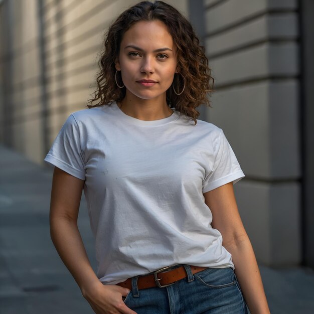 Woman wearing plain white tshirt mock up closeup