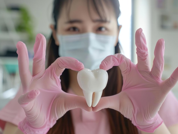 A woman wearing protective gear is holding a tooth with gloved hands