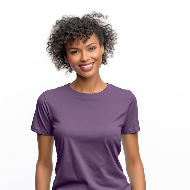 A woman wearing a purple cotton t - shirt with the word love on it.