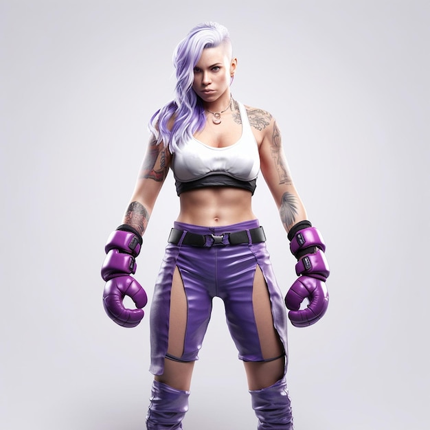 a woman wearing purple gloves and a white tank top with purple hair.