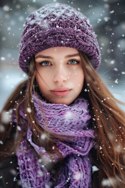 Woman Wearing Purple Hat and Scarf in Snow