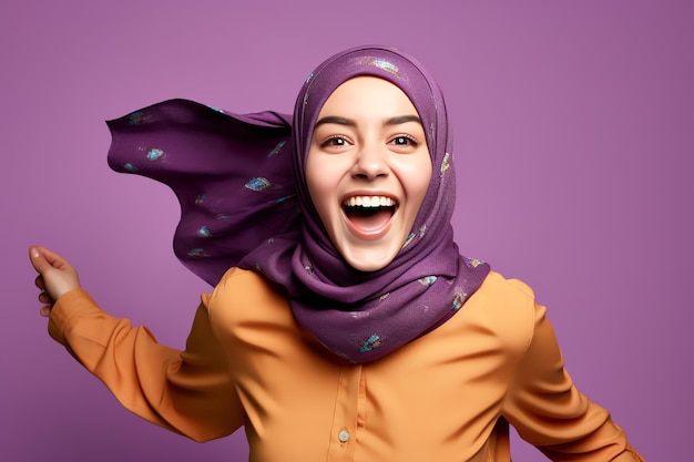 A woman wearing a purple headscarf and a purple background is laughing