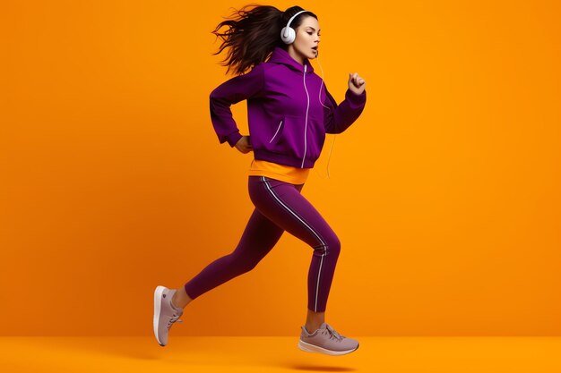 A woman wearing a purple jacket and headphones runs in front of a yellow background.