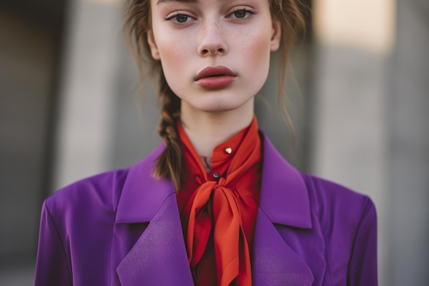 Photo woman wearing purple jacket and red tie