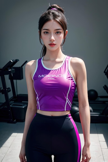 a woman wearing a purple sports bra with the word oster on the front.