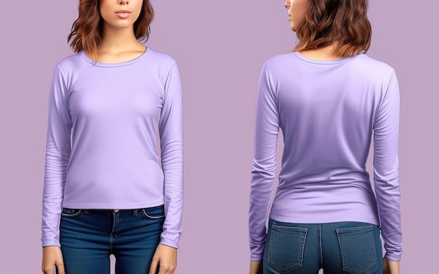Woman wearing a purple Tshirt with long sleeves Front and back view