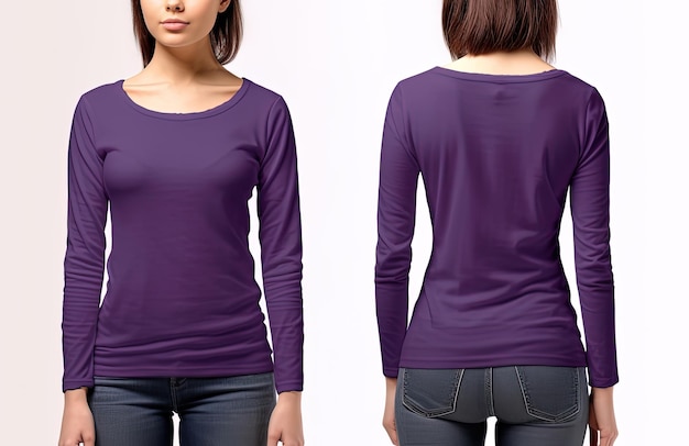 Woman wearing a purple Tshirt with long sleeves Front and back view