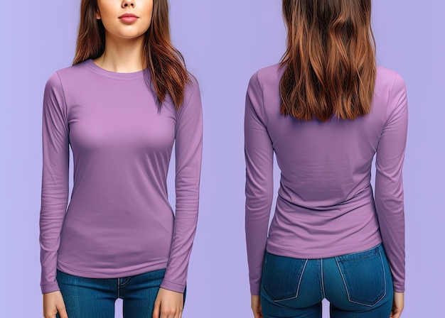 Woman wearing a purple Tshirt with long sleeves Front and back view