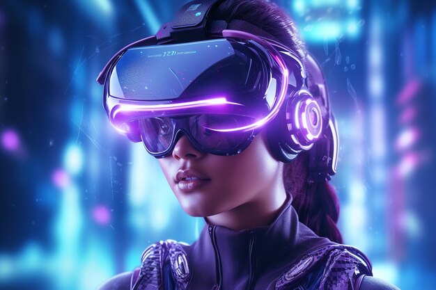 A woman wearing a purple vr headset with the word vr on it.