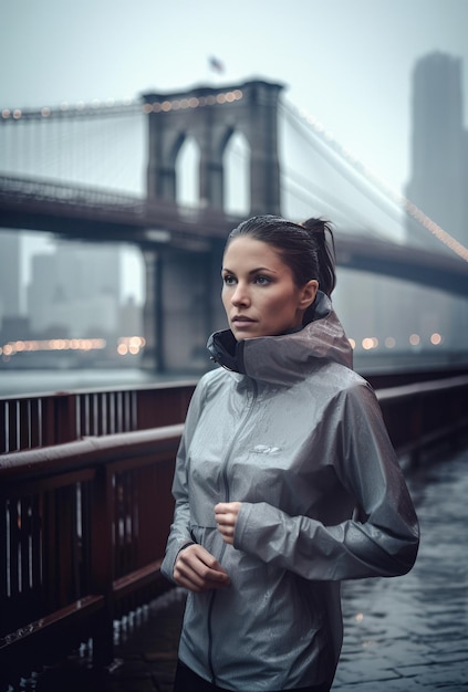 A woman wearing a rain jacket and running clothes walks along a bridge.
