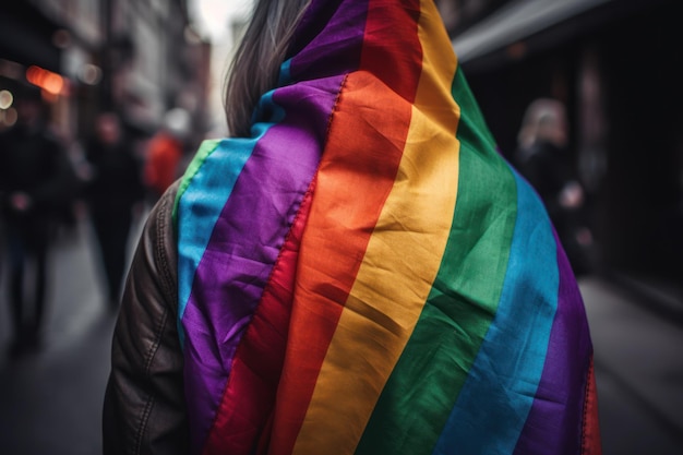 A woman wearing a rainbow flag draped over her shoulders