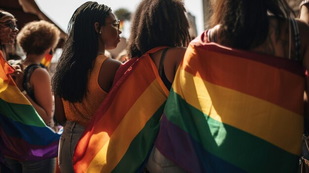 A woman wearing a rainbow flag is draped over a crowd.