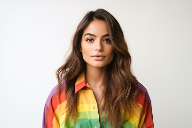 woman wearing the rainbow shirt