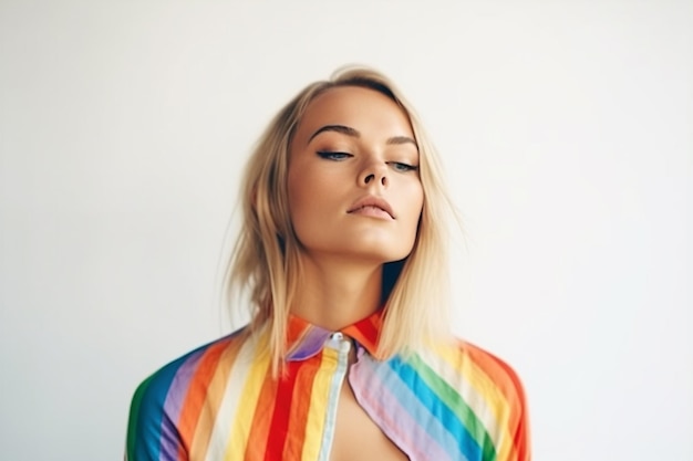 woman wearing the rainbow shirt