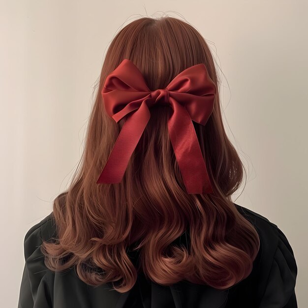 A woman wearing red bow from behind generative ai high quality photo