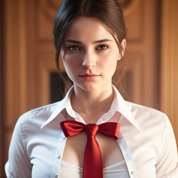 Женщина в красном галстуке-бабочке и белой рубашке.