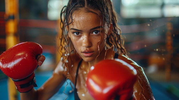 Woman Wearing Red Boxing Glove Poses