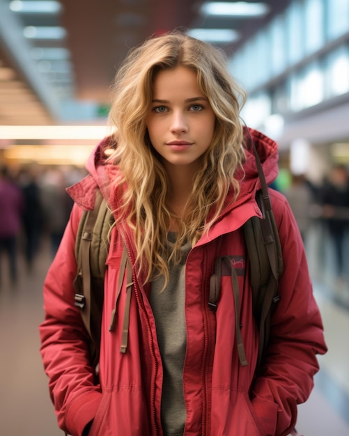 a woman wearing a red coat