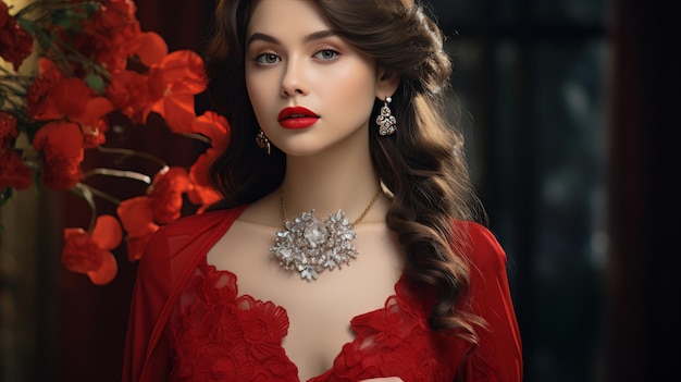 Woman Wearing Red Dress and Necklace