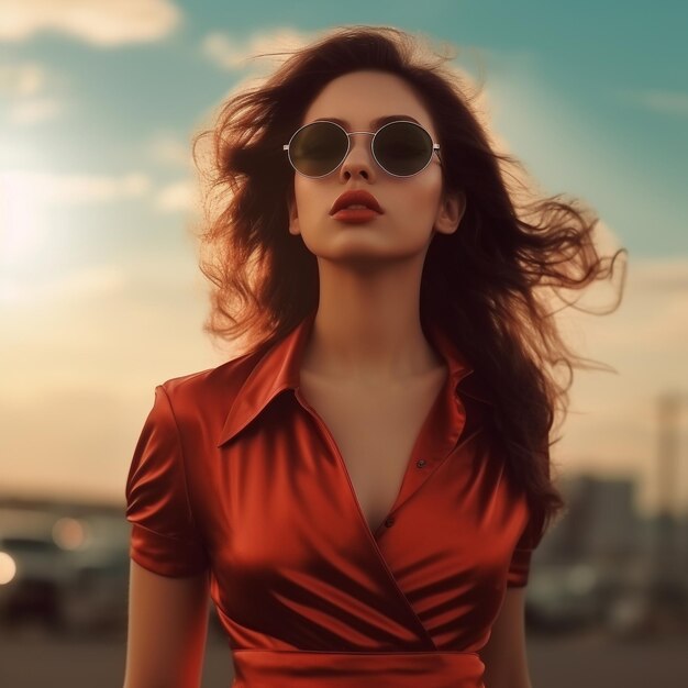 a woman wearing a red dress and sunglasses is posing for a photo.