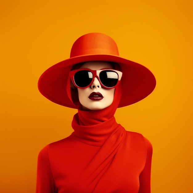 A woman wearing a red dress and sunglasses is wearing a red dress with a scarf around her neck