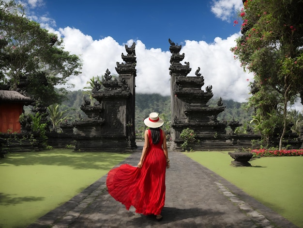 Foto donna con un vestito rosso che cammina al grande cancello d'ingresso di bali in indonesia