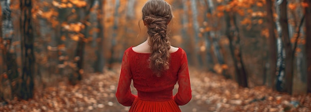 woman wearing a red dress in a woodland in fall seen from the back