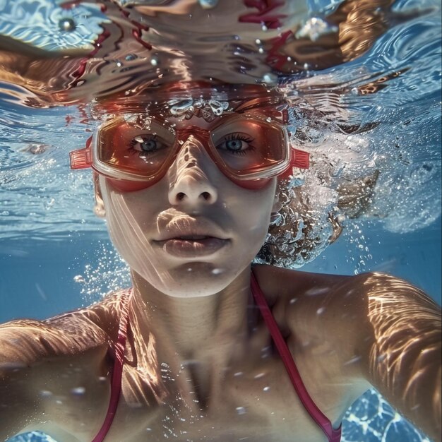 Foto una donna con gli occhiali rossi sta nuotando in acqua