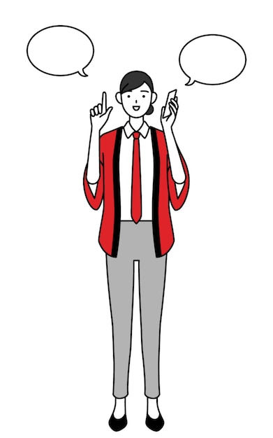 woman wearing a red happi coat pointing while on the phone