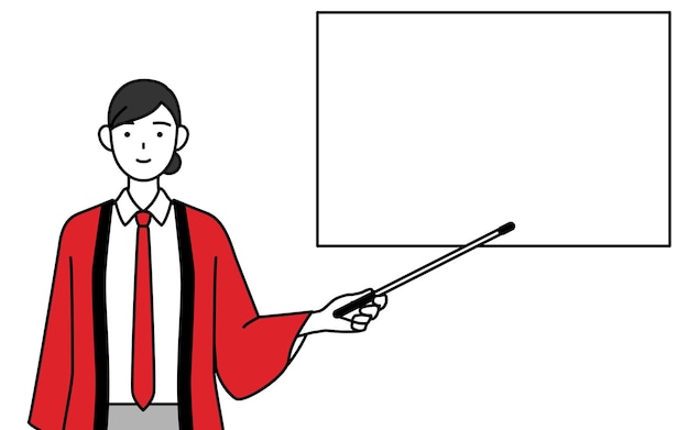 woman wearing a red happi coat pointing at a whiteboard with an indicator stick