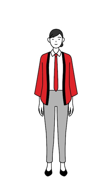 赤いハッピーコートを着た女性が笑顔で前を向いている