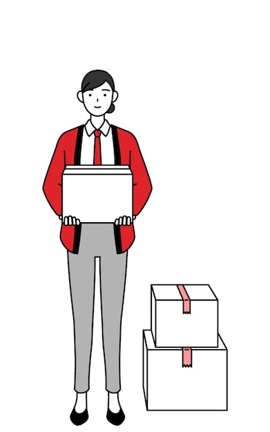 Woman wearing a red happi coat working to carry cardboard boxes