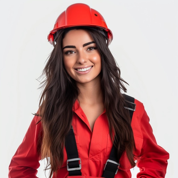 A woman wearing a red hard hat and a red hard hat.