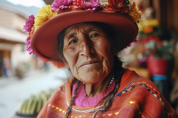 Foto una donna che indossa un cappello rosso adornato di bellissimi fiori perfetto per aggiungere un tocco di colore e stile a qualsiasi abito