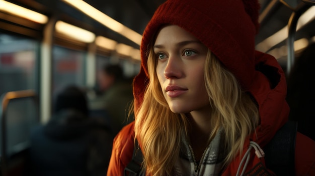 a woman wearing a red hat and jacket on a train