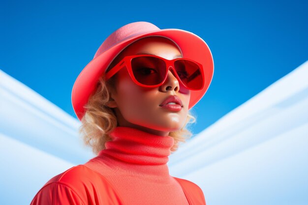 Женщина в красной шляпе и солнцезащитных очках