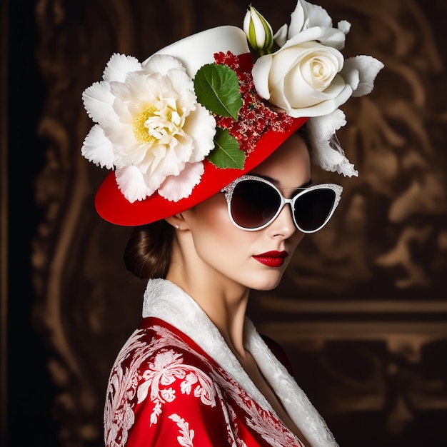 Photo a woman wearing a red hat and sunglasses