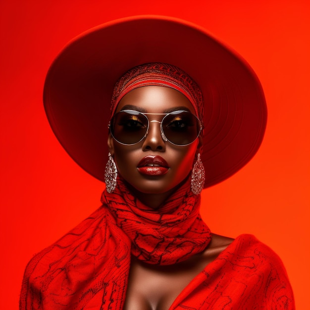 A woman wearing a red hat with a red scarf and sunglasses on her head.