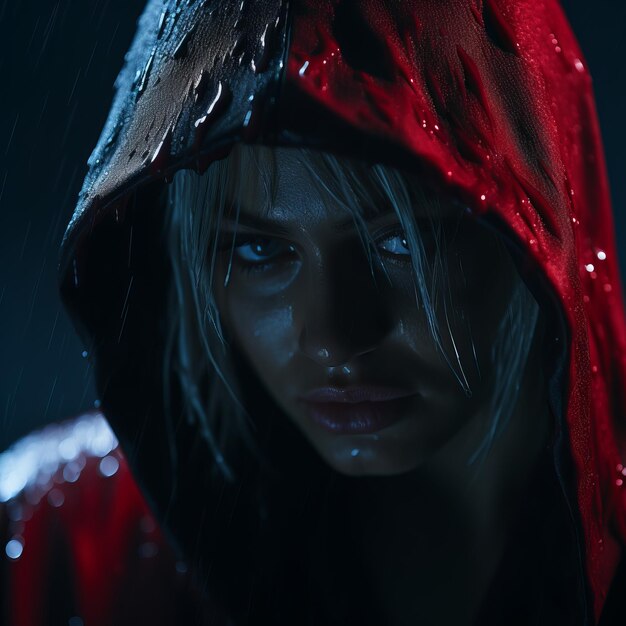 Photo a woman wearing a red hoodie in the rain