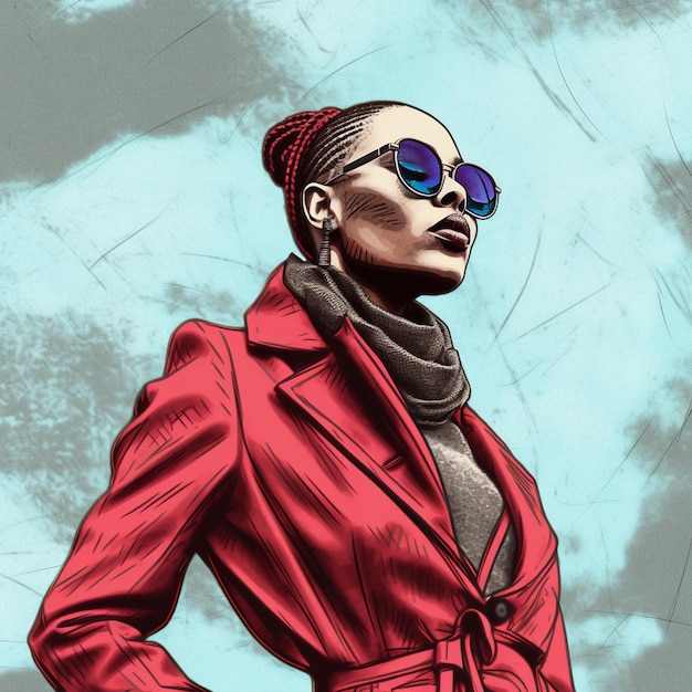 a woman wearing a red jacket and sunglasses with a blue sky behind her.