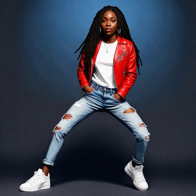 a woman wearing a red jacket with a white shirt that says quot shes a black woman quot