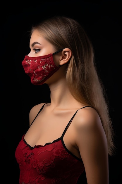 a woman wearing a red lace face mask on a black background