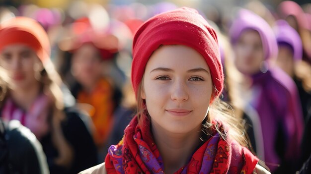Woman wearing red scarf and hat