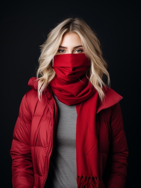 a woman wearing a red scarf over her face