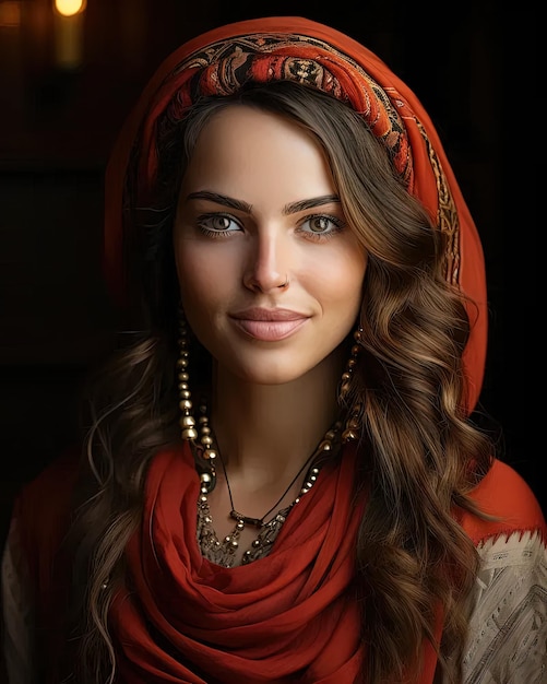 Женщина в красном шарфе и ожерелье