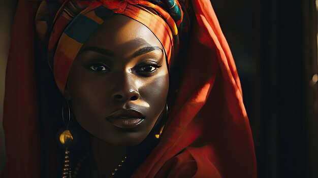 Woman Wearing Red Shirt and Head Scarf in Simple Fashion Black History Month