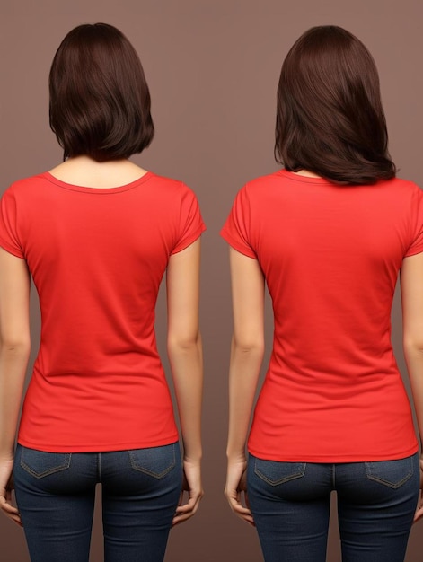 a woman wearing a red shirt that says " t - shirt ".