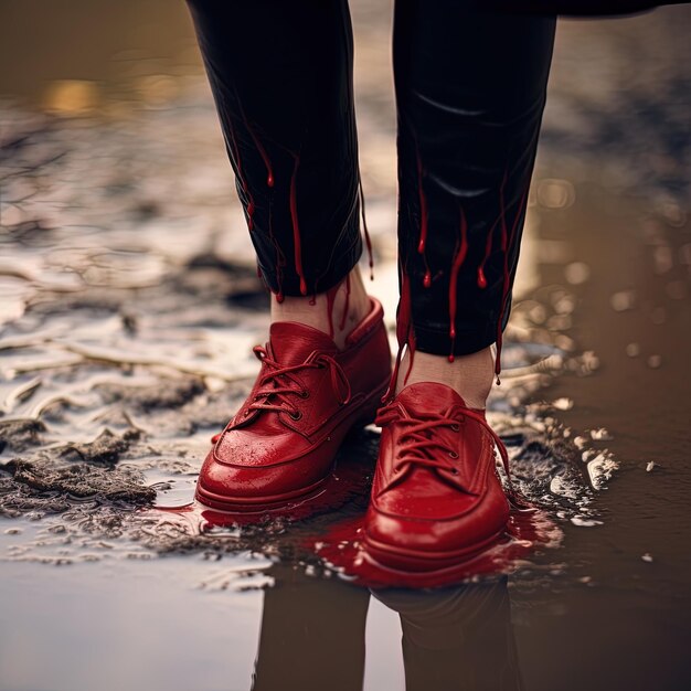 Photo a woman wearing red shoes stands in the mud